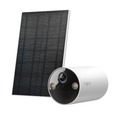 Outdoor battery security camera with white body and round lens housing, plus solar panel