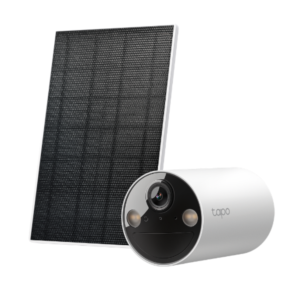 Outdoor battery security camera with white body and round lens housing, plus solar panel