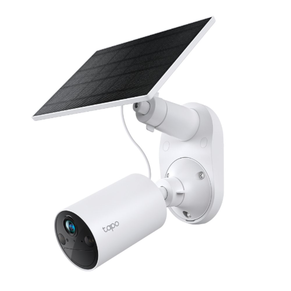 Outdoor battery security camera with white mount bracket and extended solar panel
