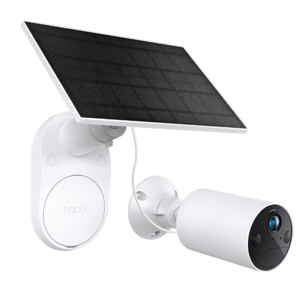 Outdoor battery security camera with wall plate, solar panel, and white cylindrical lens