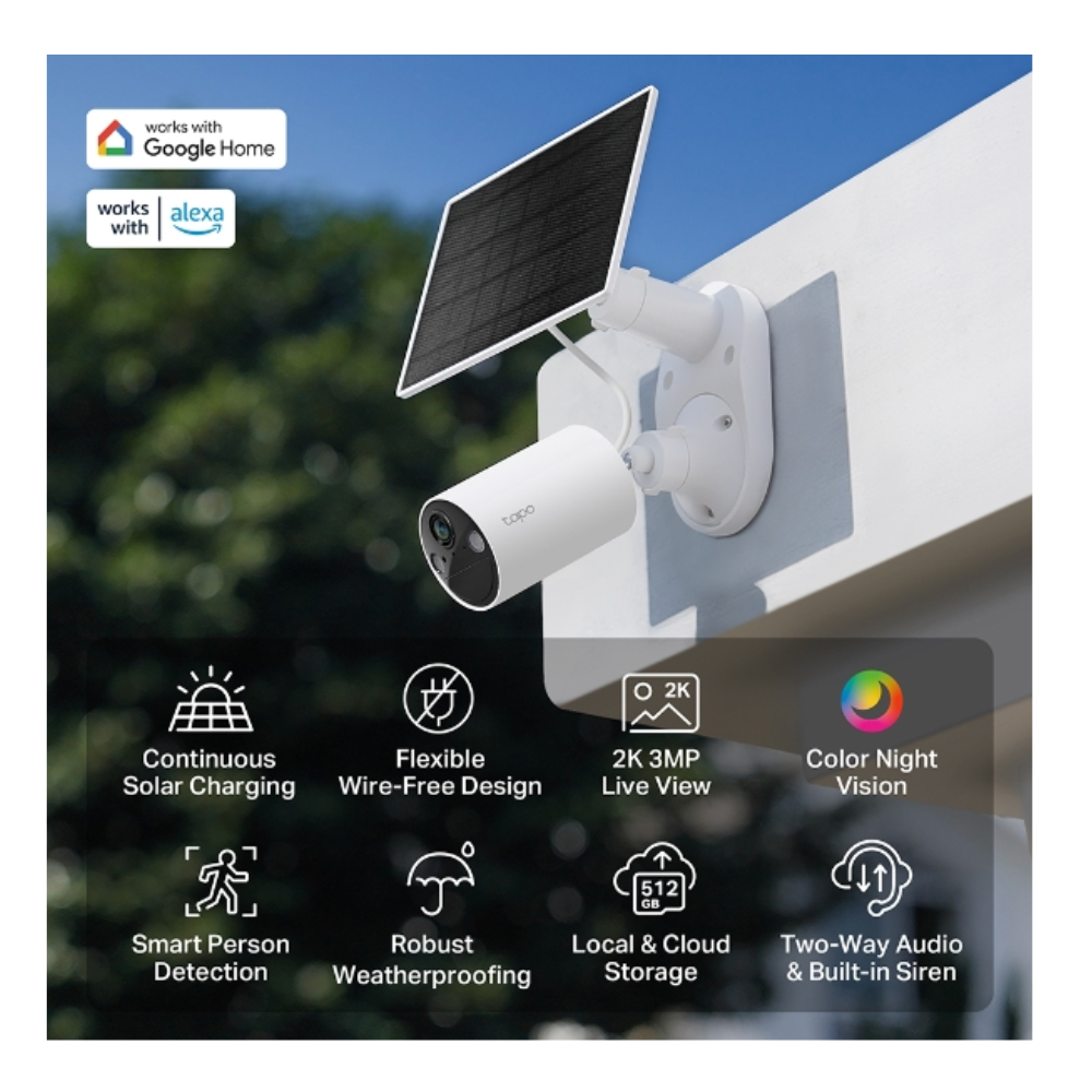 Outdoor battery security camera with solar panel and white wall-mounted camera unit