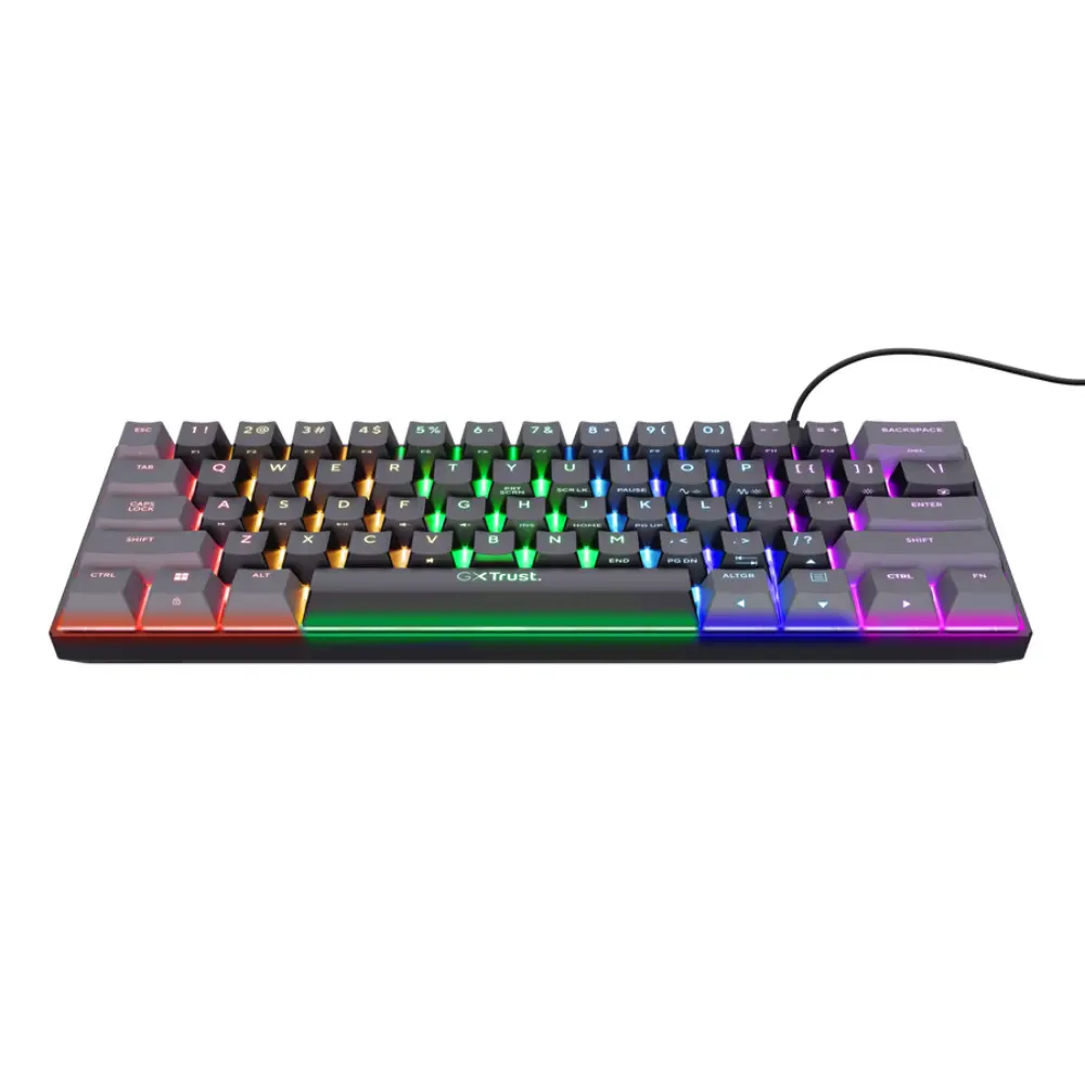 RGB mini gaming keyboard with rainbow backlighting across the key row