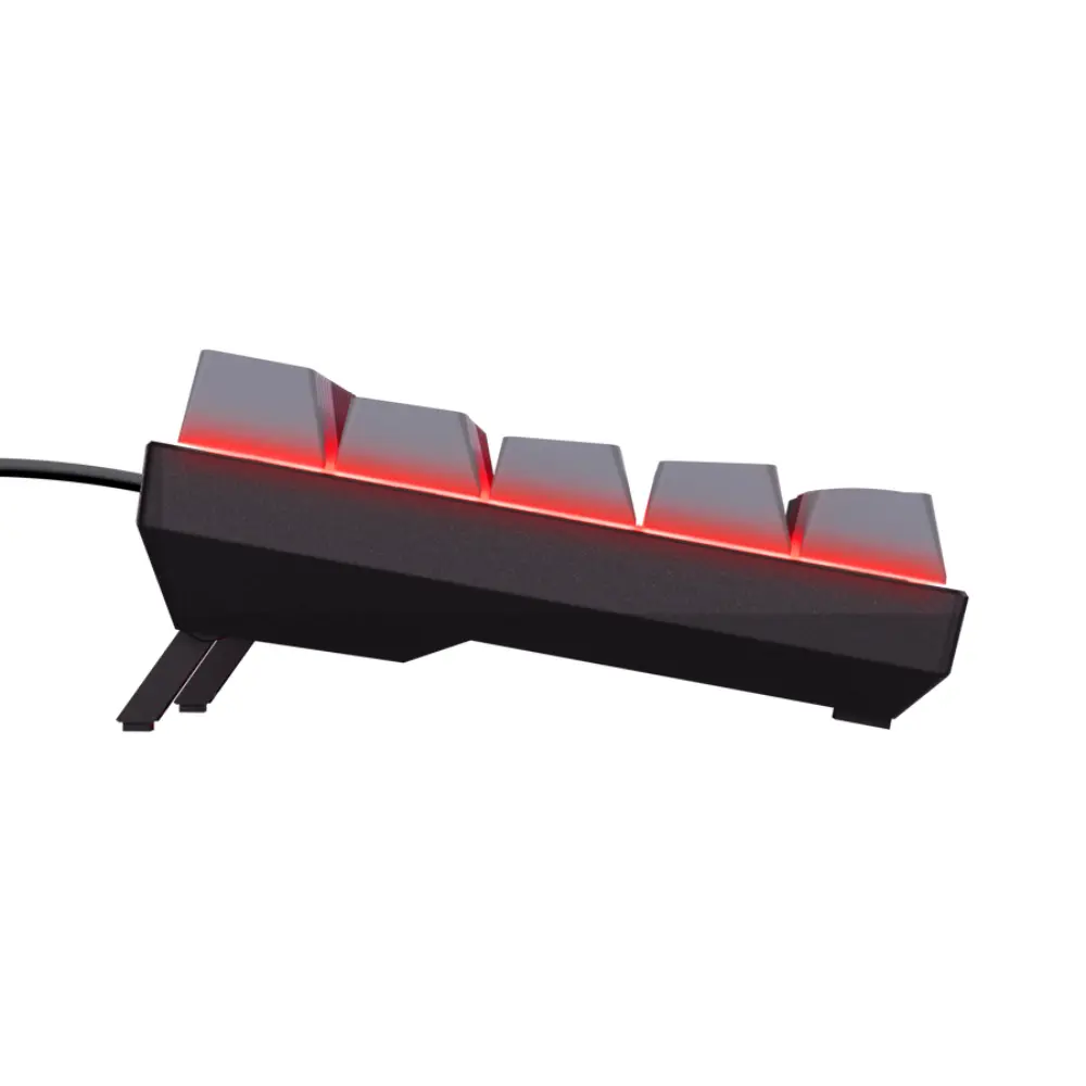 Mini gaming keyboard side profile with bright red backlit keycaps