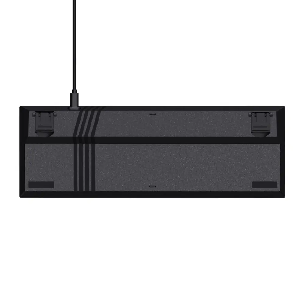 Underside of mini wired gaming keyboard with support feet and cable entry