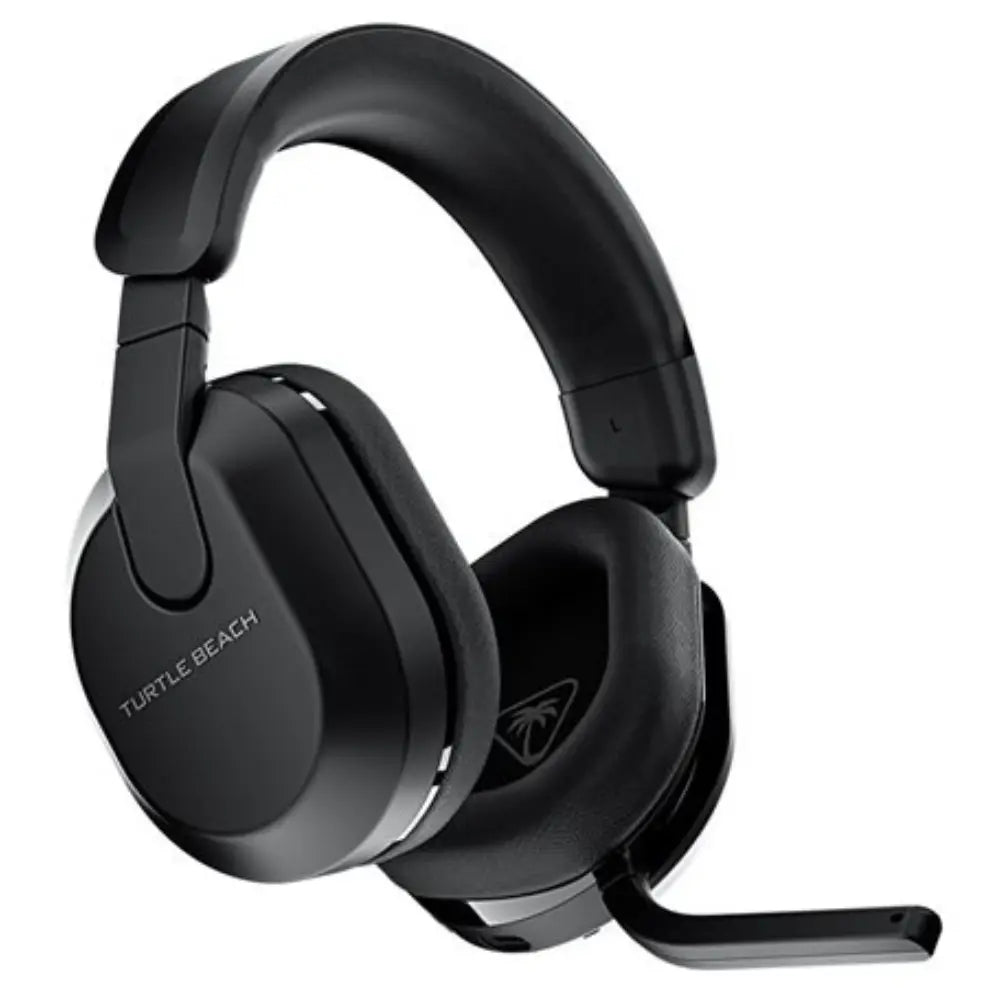 Black over-ear wireless gaming headset with flip-up boom microphone