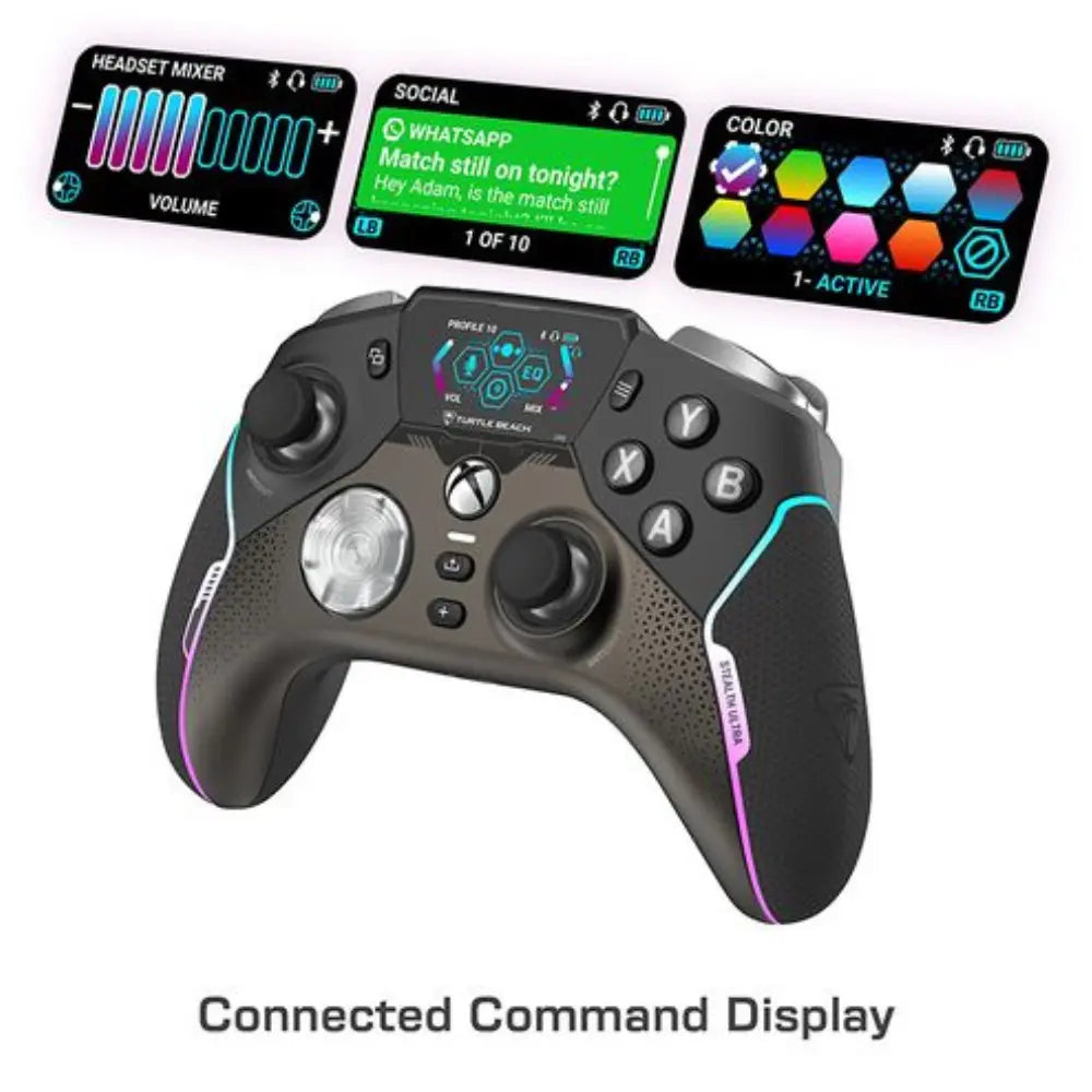 Wireless controller with connected command display and colored RGB button panel