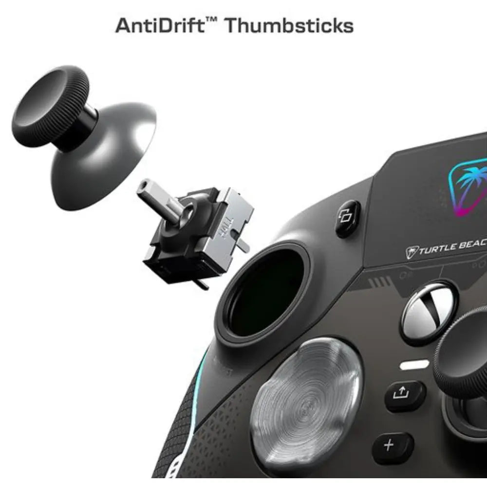 Wireless controller with AntiDrift thumbsticks and textured grips for control