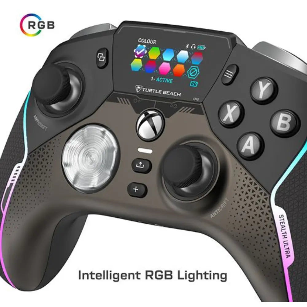 Wireless controller with intelligent RGB lighting and colored in-game button screen