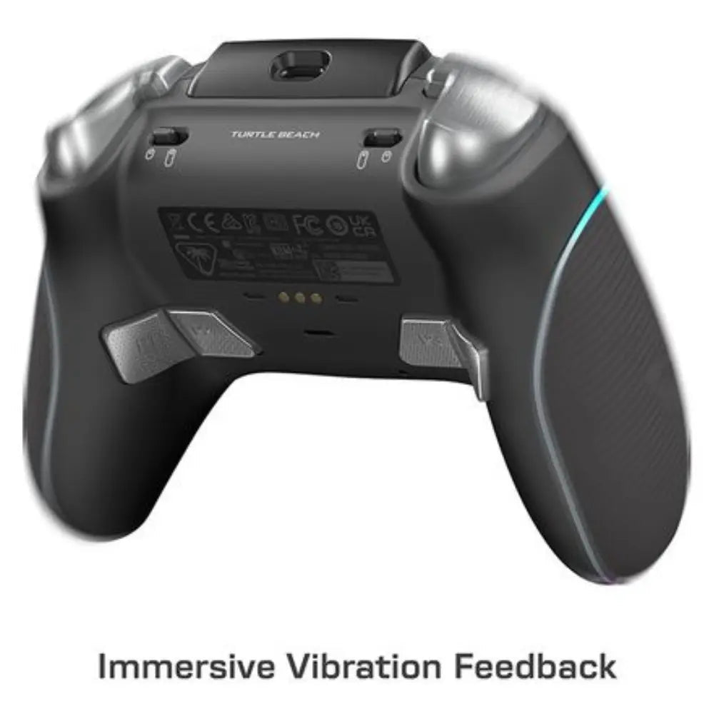 Black wireless gaming controller with thumbsticks, buttons, and textured hand grips