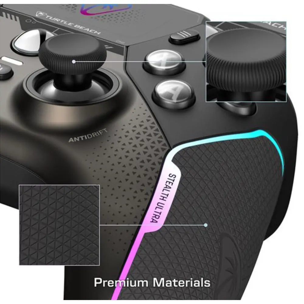 Close-up black wireless gaming controller with thumbsticks, triggers, and textured grip surfaces