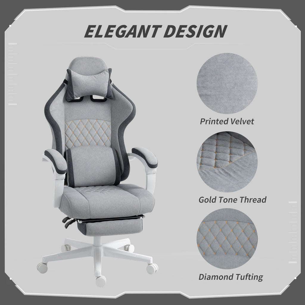Grey printed velvet gaming chair with diamond tufting and high-back headrest