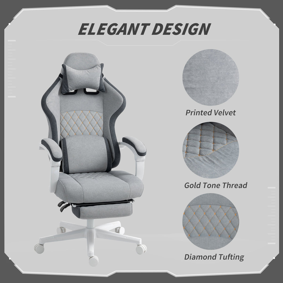 Grey printed velvet gaming chair with diamond tufting and high-back headrest
