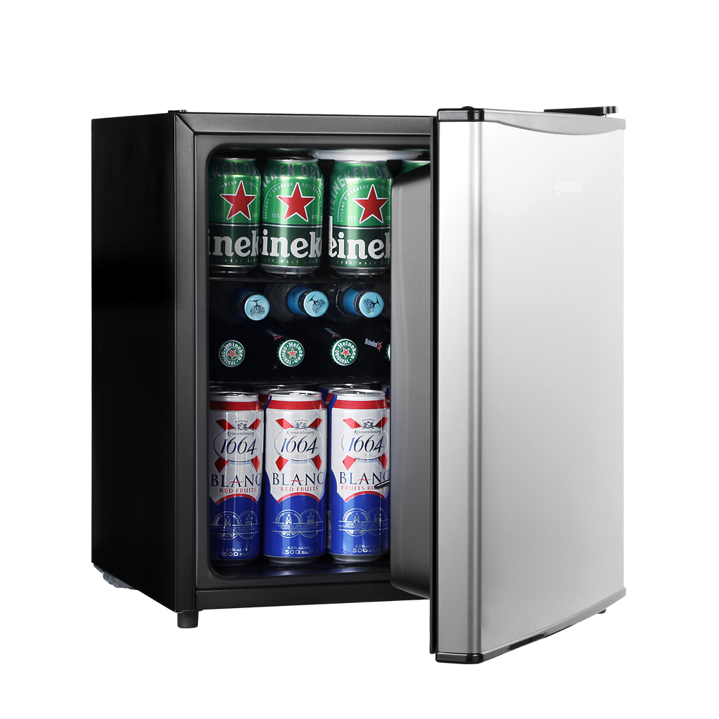 Stainless steel beer fridge with open door showing bottles inside