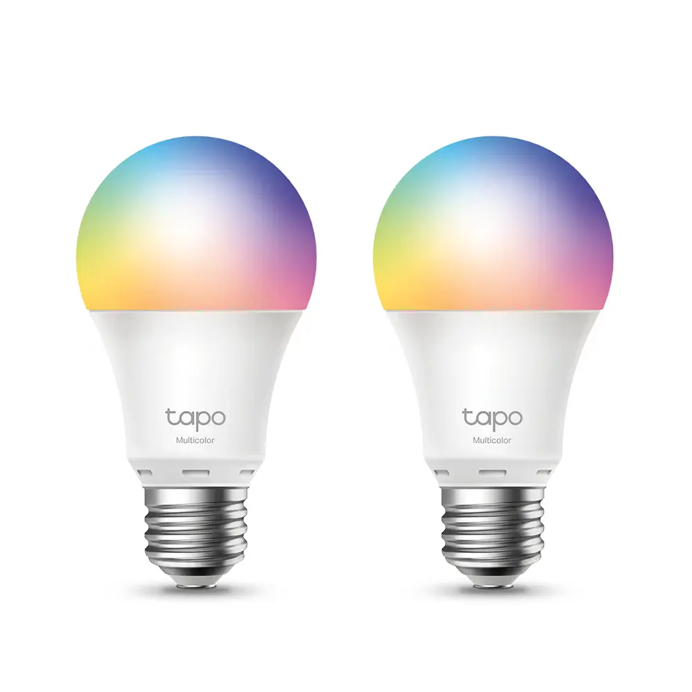 Set of two E27 multicolour smart LED bulbs with white bases and gradient tops