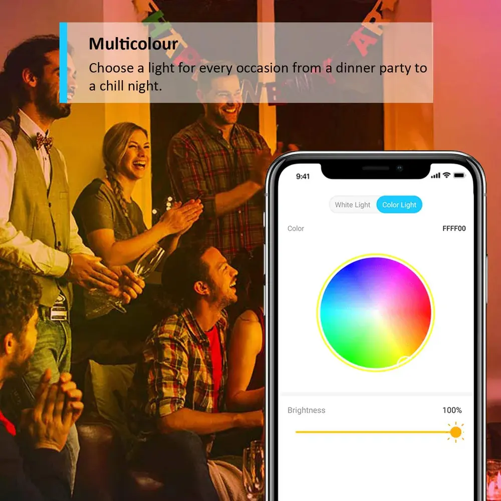 Smart bulb color control app on a smartphone with a multicolour light wheel