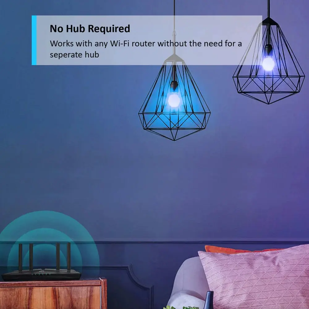 Multicolour smart LED bulbs illuminating hanging pendant lights with a cool glow