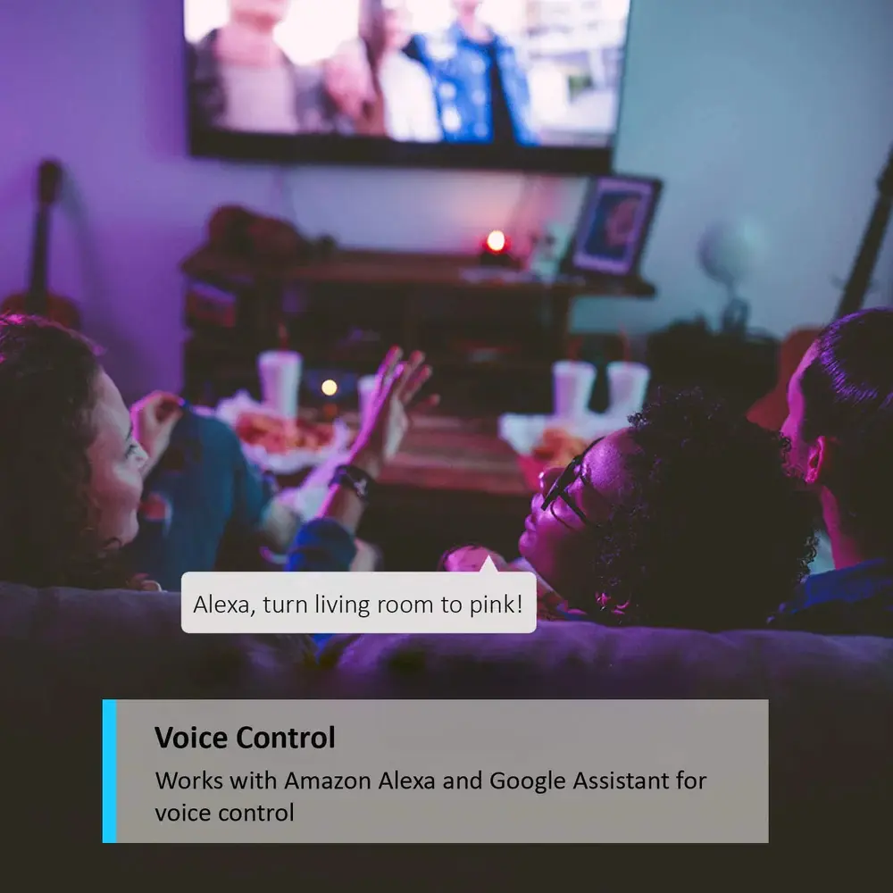 Multicolour smart bulb lighting adds pink accent glow to a party in a living room