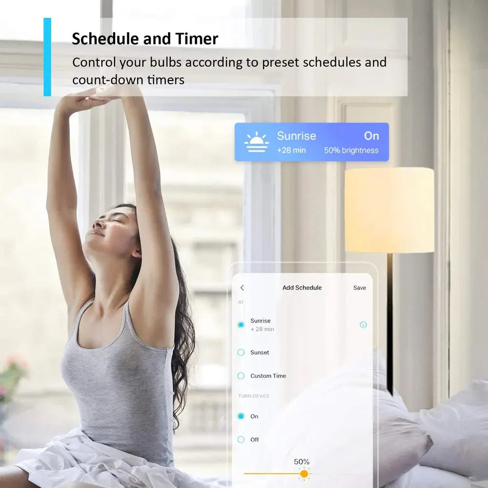 Smart bulb schedule and timer app on a smartphone with sunrise preset