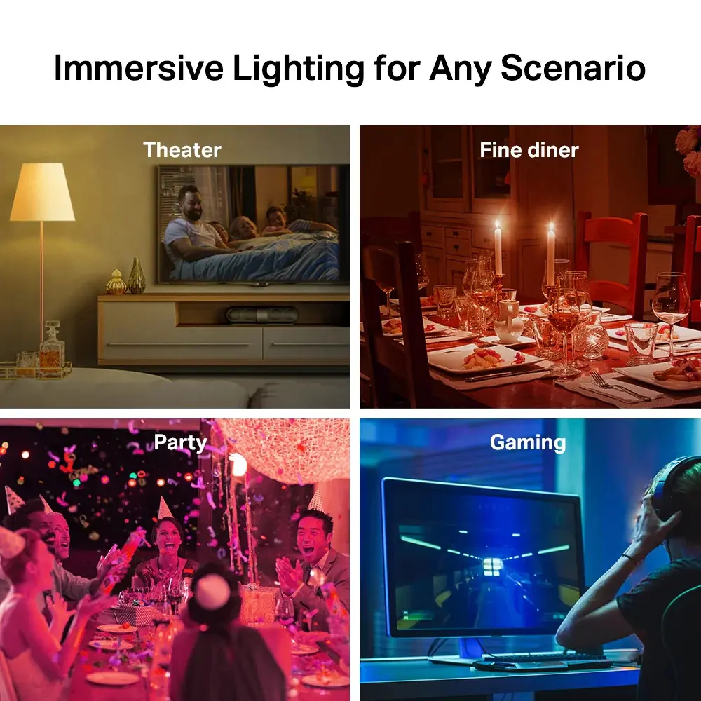 Multicolour smart lighting scenes for theater, fine dining, party, and gaming moods