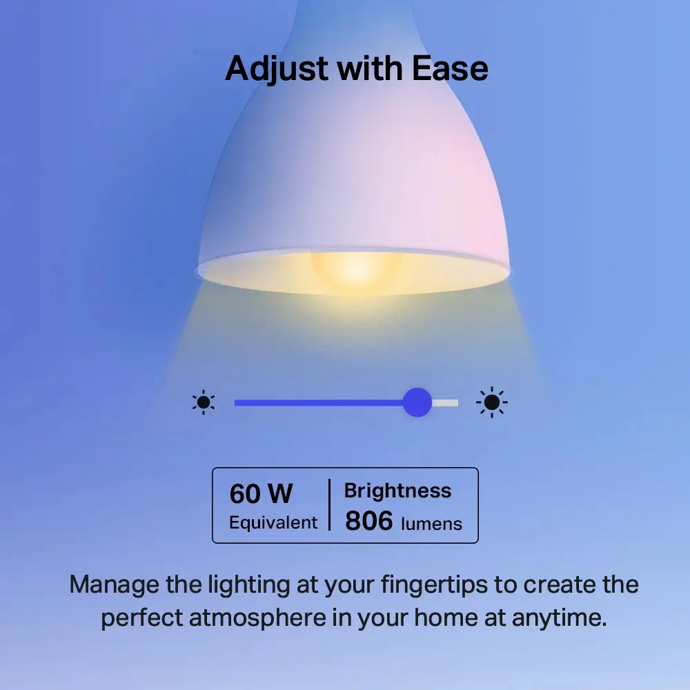 Multicolour E27 smart bulb close-up with brightness slider and soft light beam