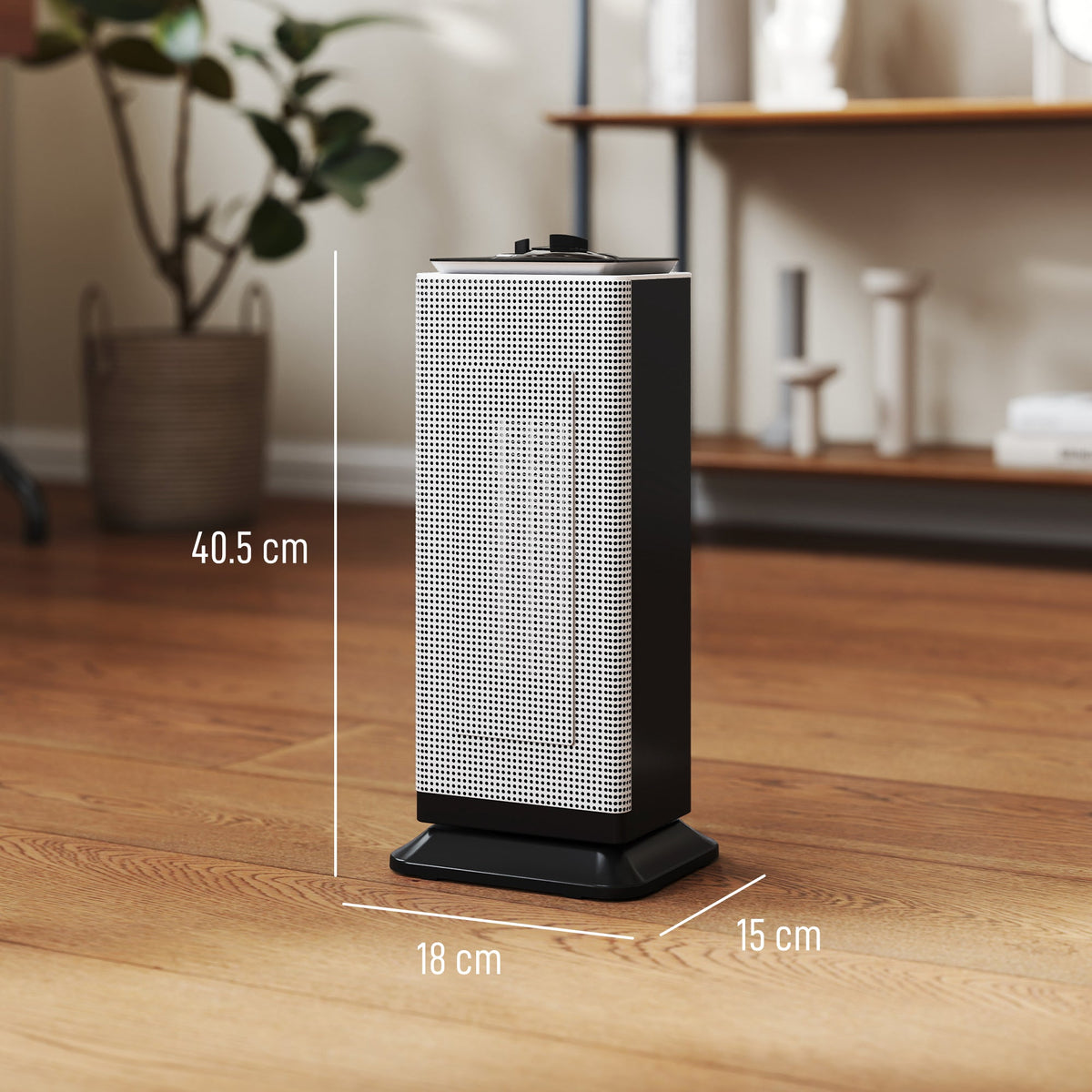 Black ceramic electric heater with fan, perforated front panel, on base