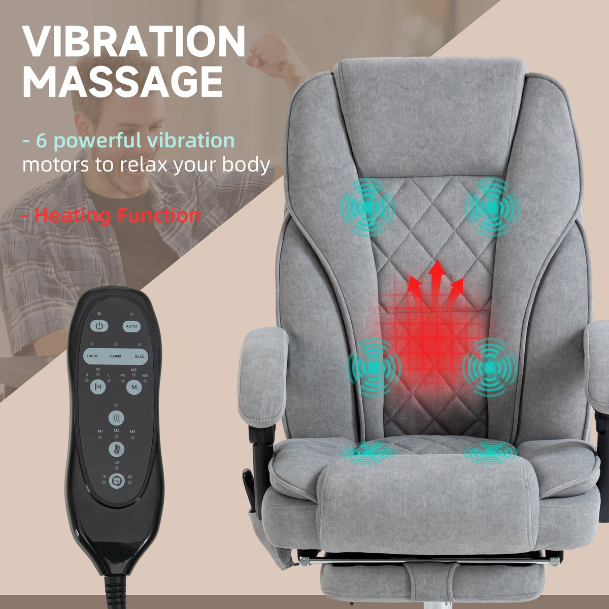 Grey massage recliner chair with remote control and padded back massage zones