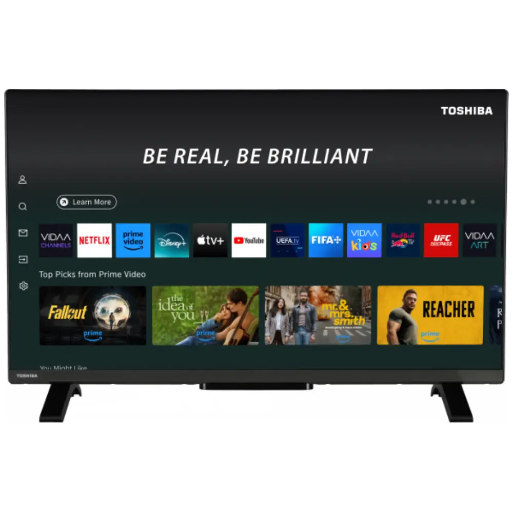 Toshiba 32-inch LED HDR smart TV with home screen app icons and banner