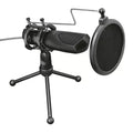 Black streaming microphone with large pop filter and shock mount on tripod stand