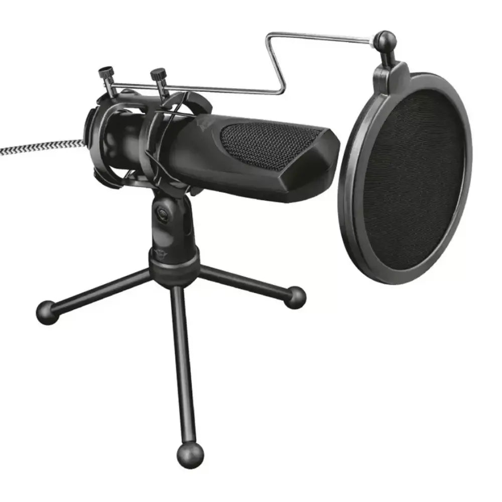 Black streaming microphone with large pop filter and shock mount on tripod stand