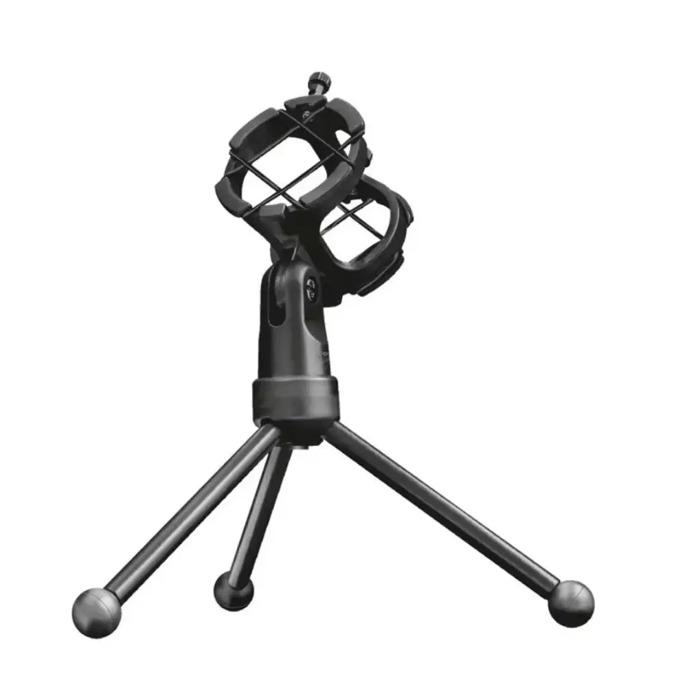 Black gaming microphone in shock mount with boom arm and three-leg tripod stand