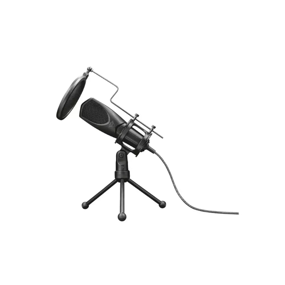 Black desktop microphone with pop filter on tripod stand, with attached braided cable