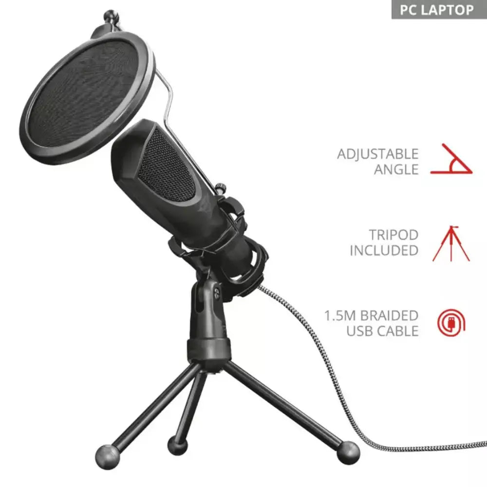 Adjustable black streaming microphone with pop filter on tripod stand and braided USB cable