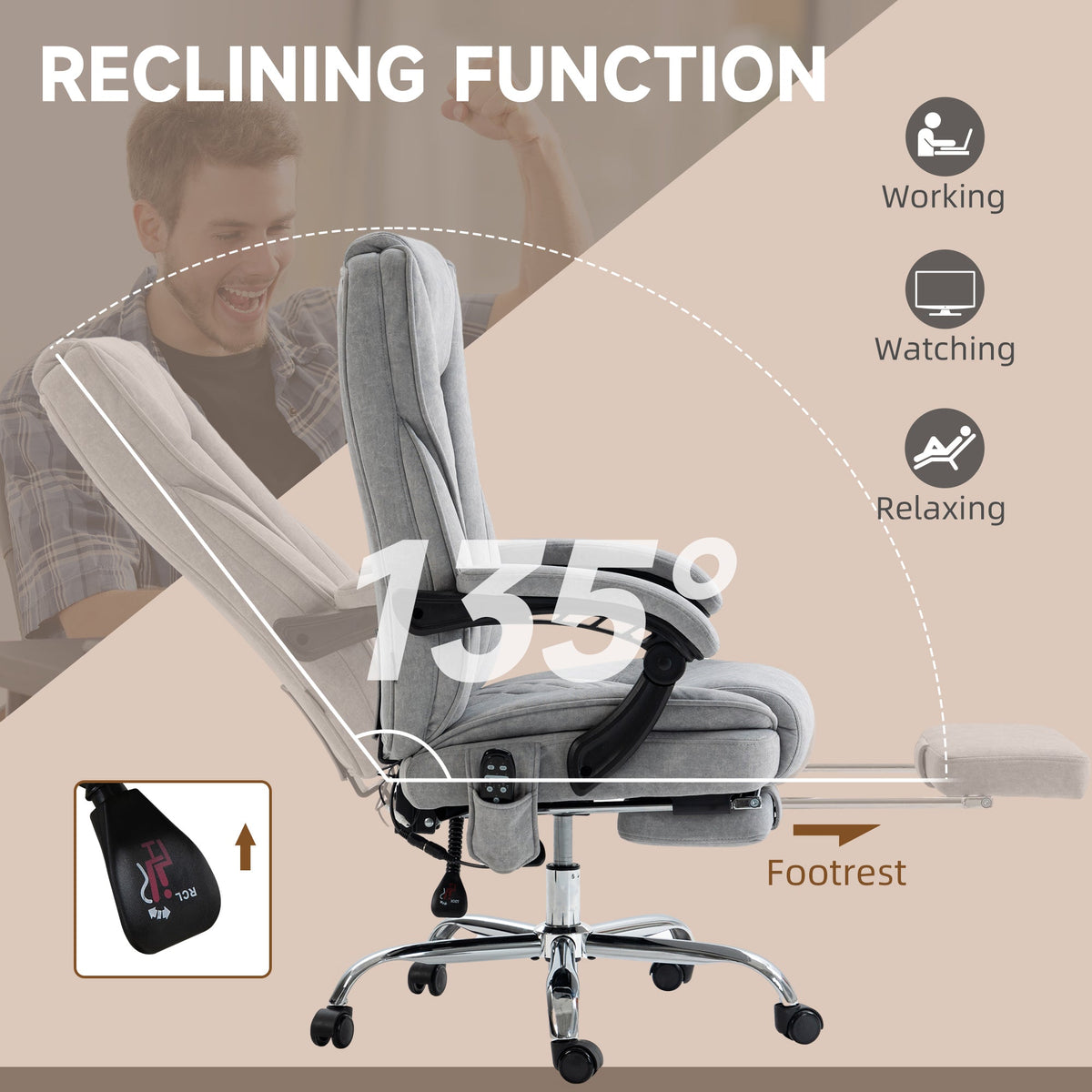 Grey reclining computer chair with fold-out footrest and supportive padded seat