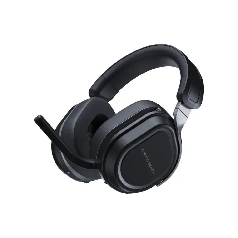 Black over-ear gaming headset showing boom microphone and Turtle Beach earcup logo