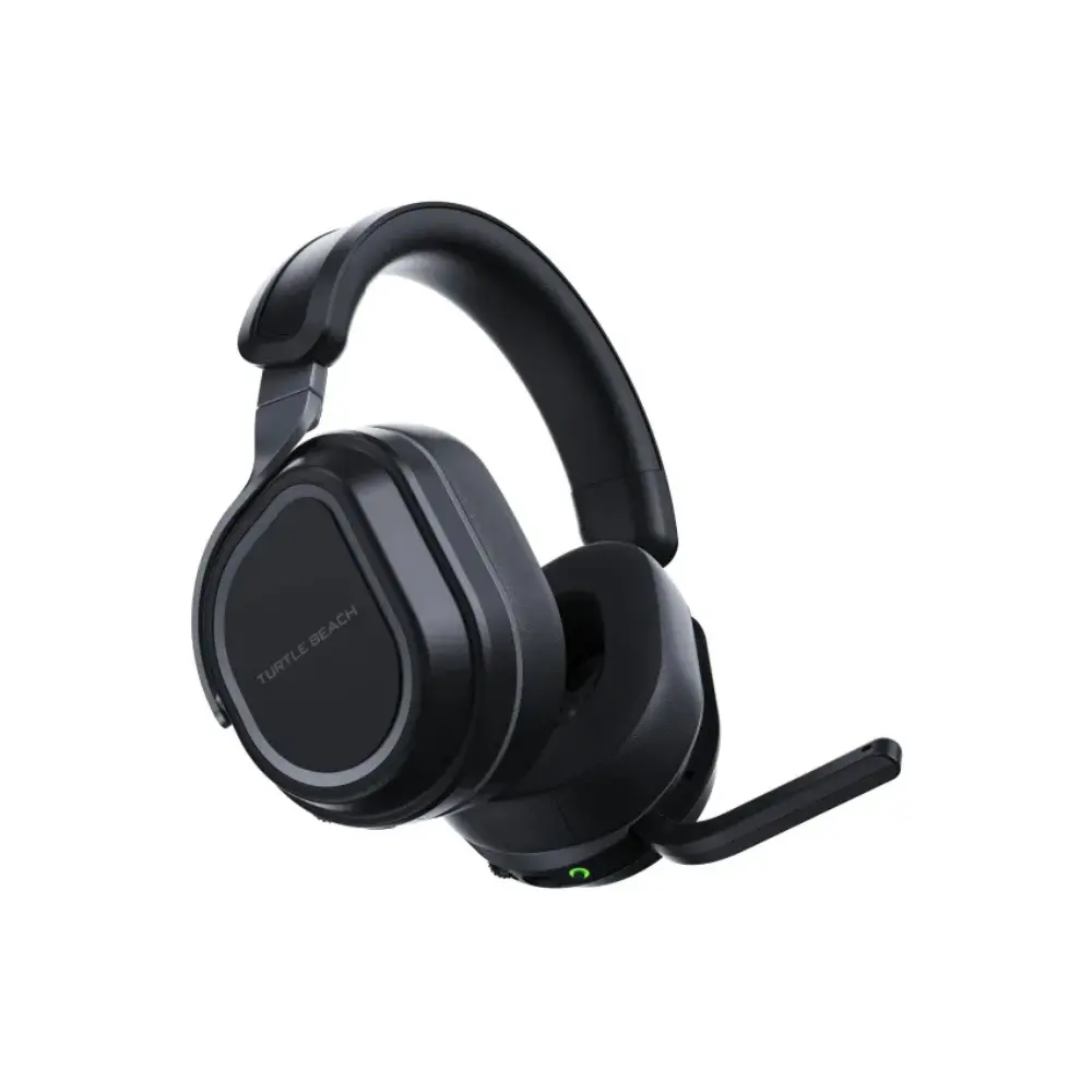 Black over-ear gaming headset with boom microphone and side control panel