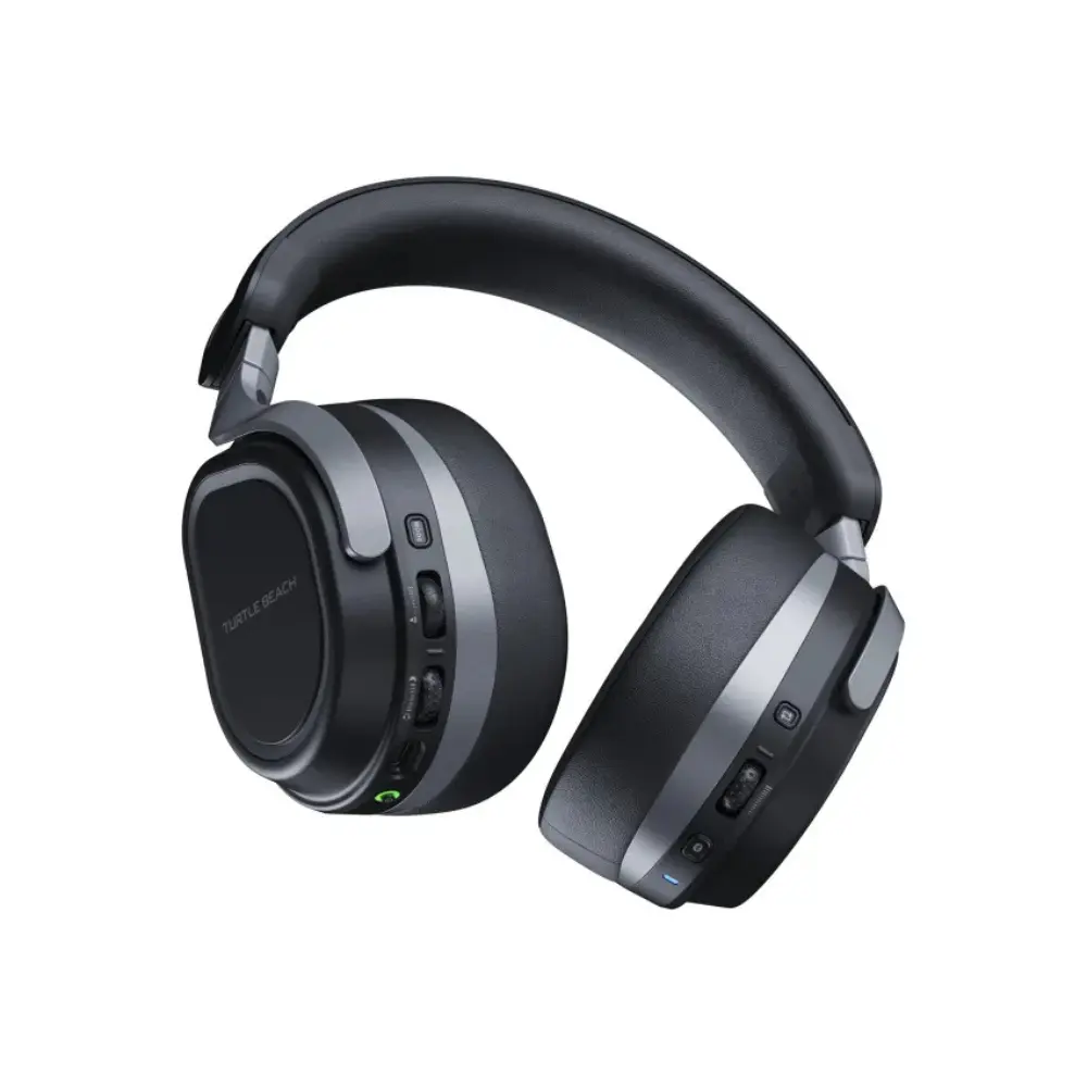 Black over-ear wireless gaming headset with side buttons on ear cups