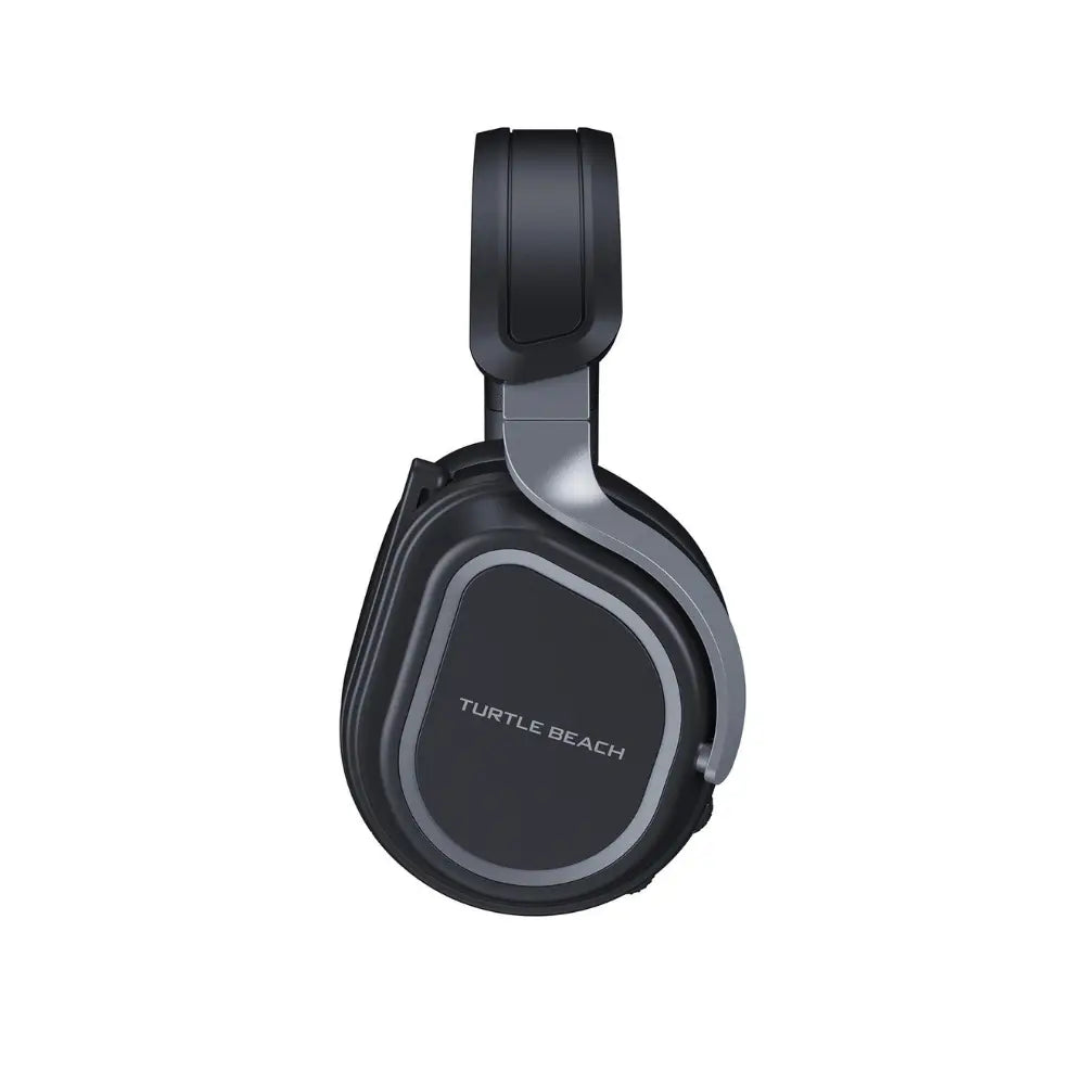 Wireless gaming headset earcup view with adjustable band, black over-ear pads