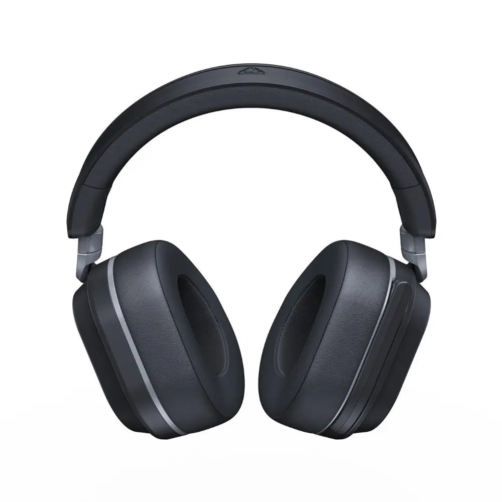 Wireless gaming headset front view, black over-ear headphones with thick cushioned ear pads