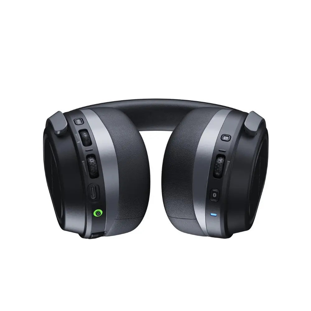 Wireless gaming headset side view with control buttons and glowing status light, black