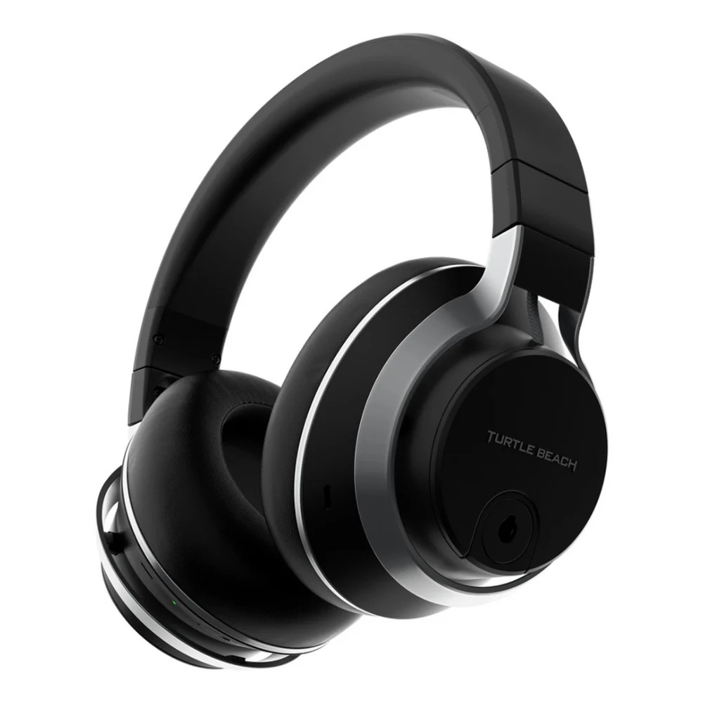 Black over-ear wireless gaming headset with boom microphone and silver-lined earcups