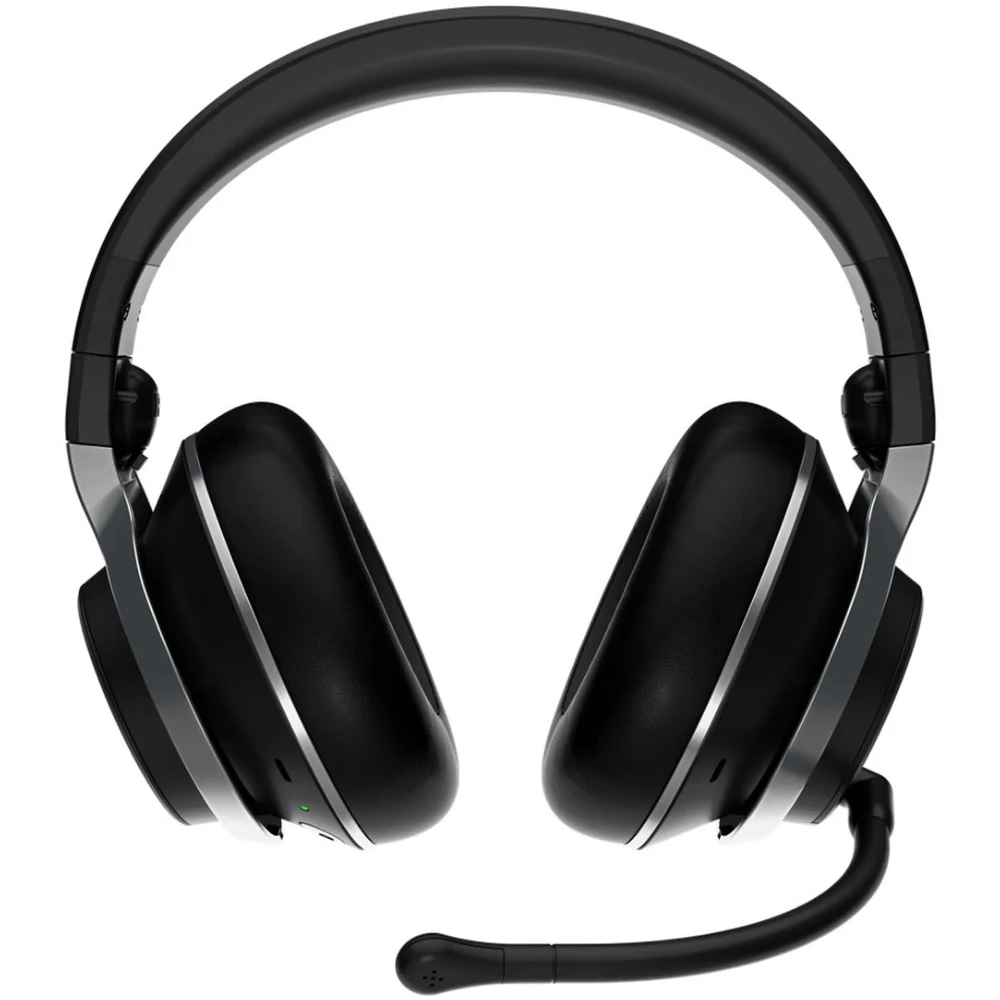 Black over-ear gaming headset earcups and boom microphone, front view