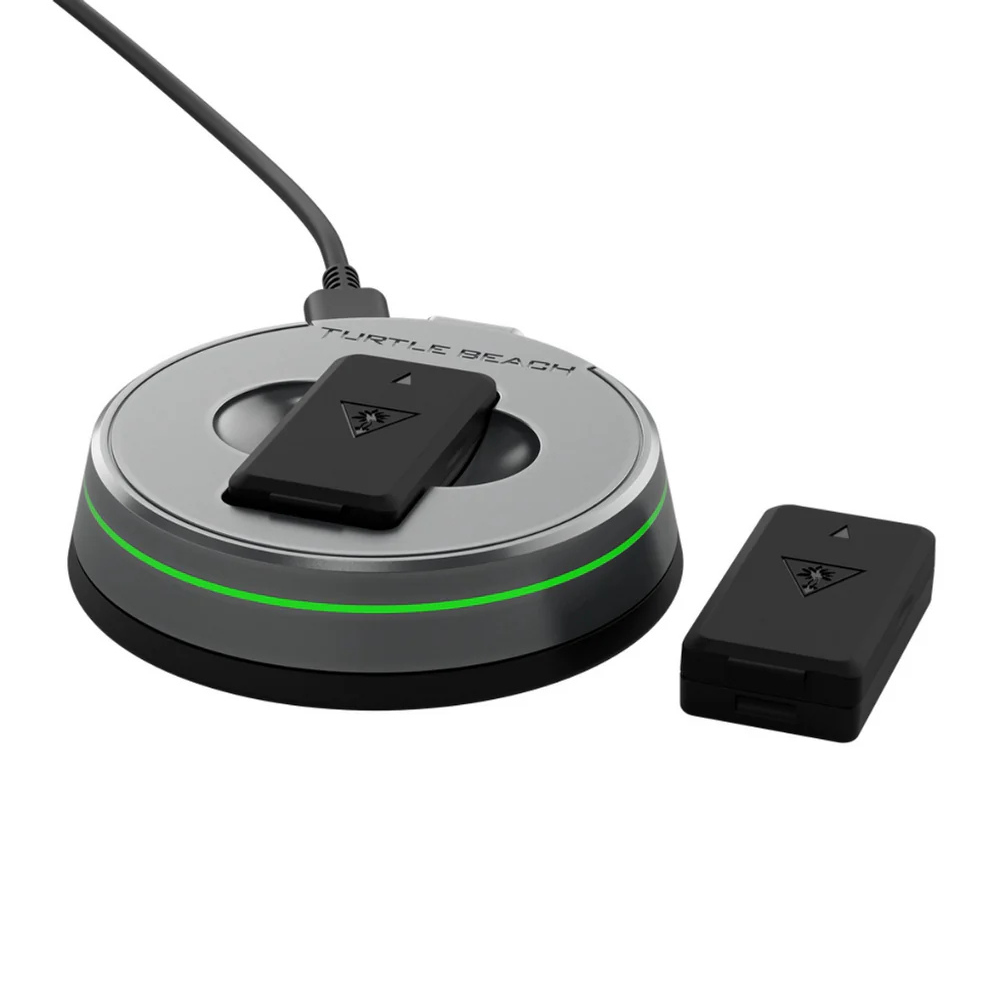 Wireless headset charging dock with green LED ring and included adapter