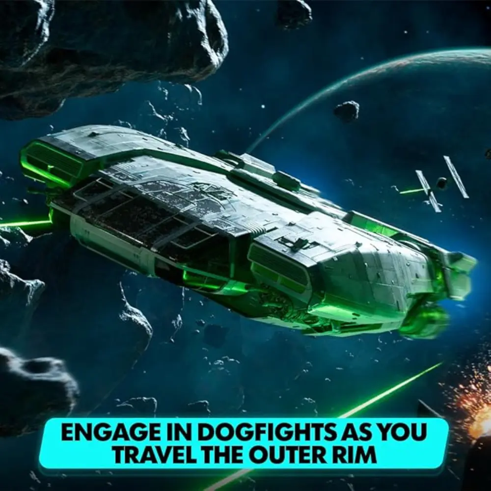 Star Wars Outlaws game for Xbox Series X sci-fi ship in green near asteroids