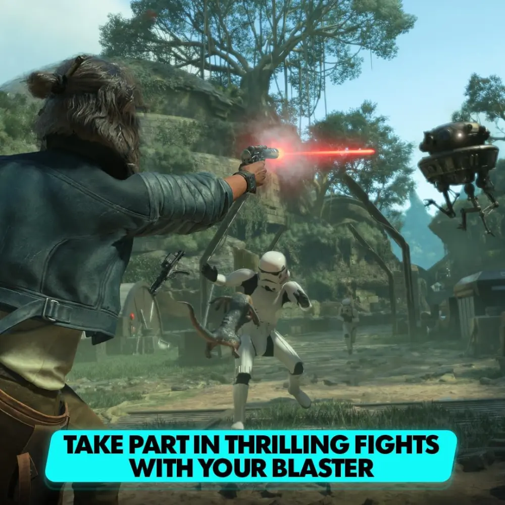 Star Wars Outlaws game for Xbox Series X character firing a blaster at troopers