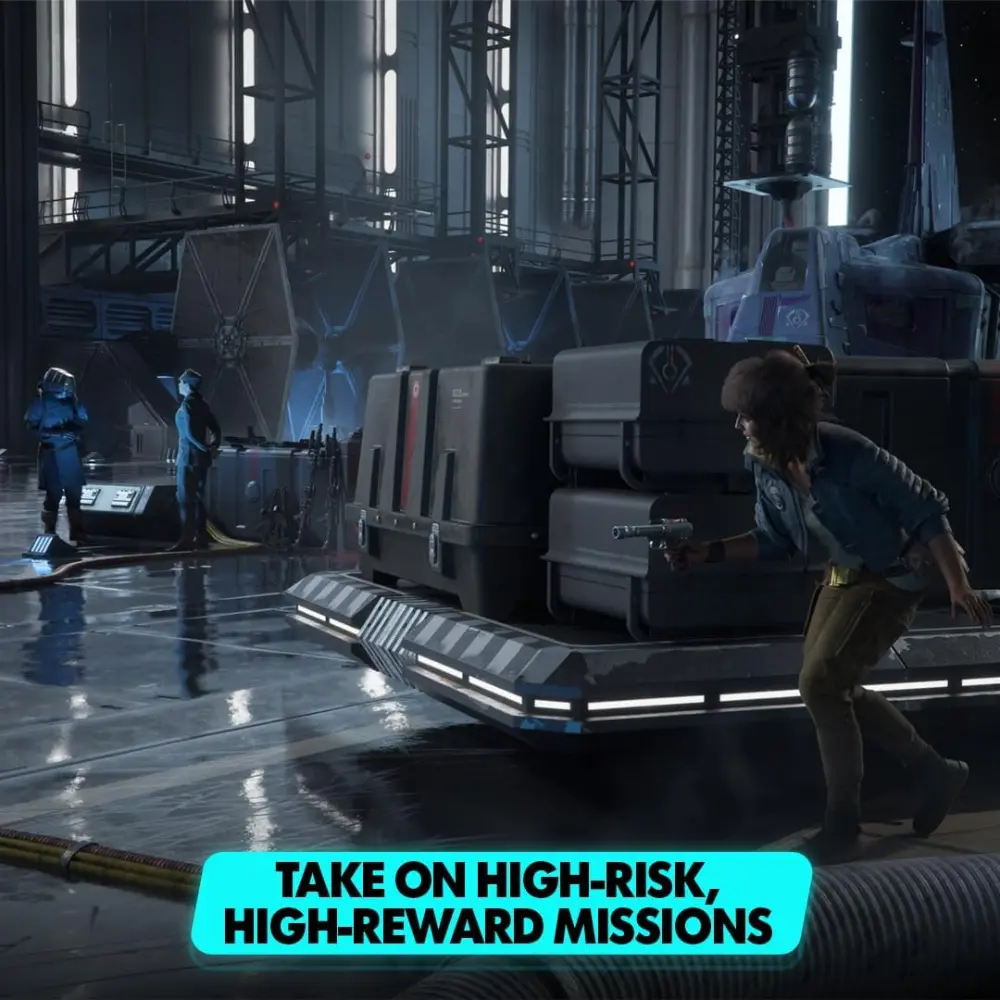 Star Wars Outlaws game for Xbox Series X character on a futuristic ship hangar floor