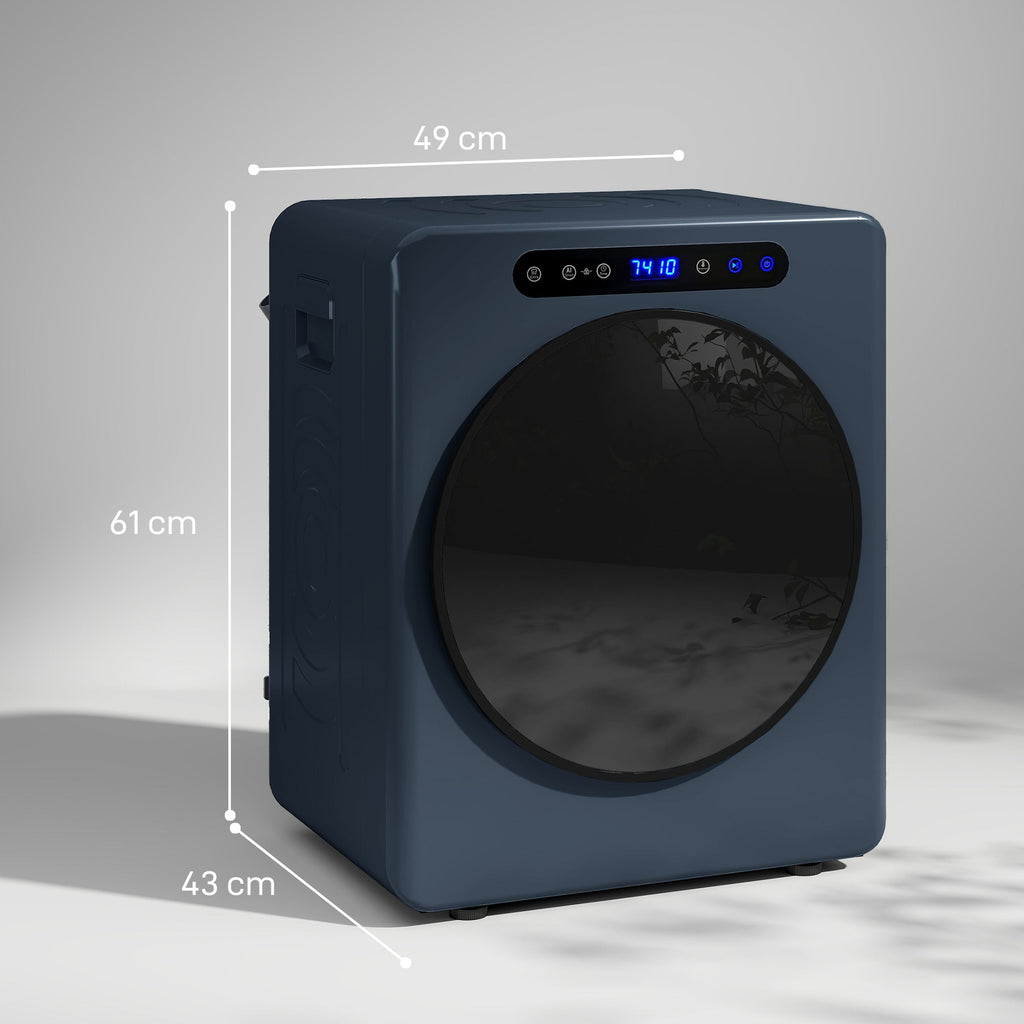 Blue compact tumble dryer, front view with rounded door window