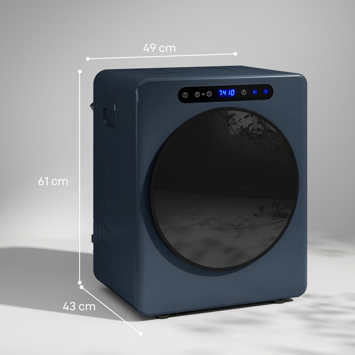 Blue compact tumble dryer, front view with rounded door window