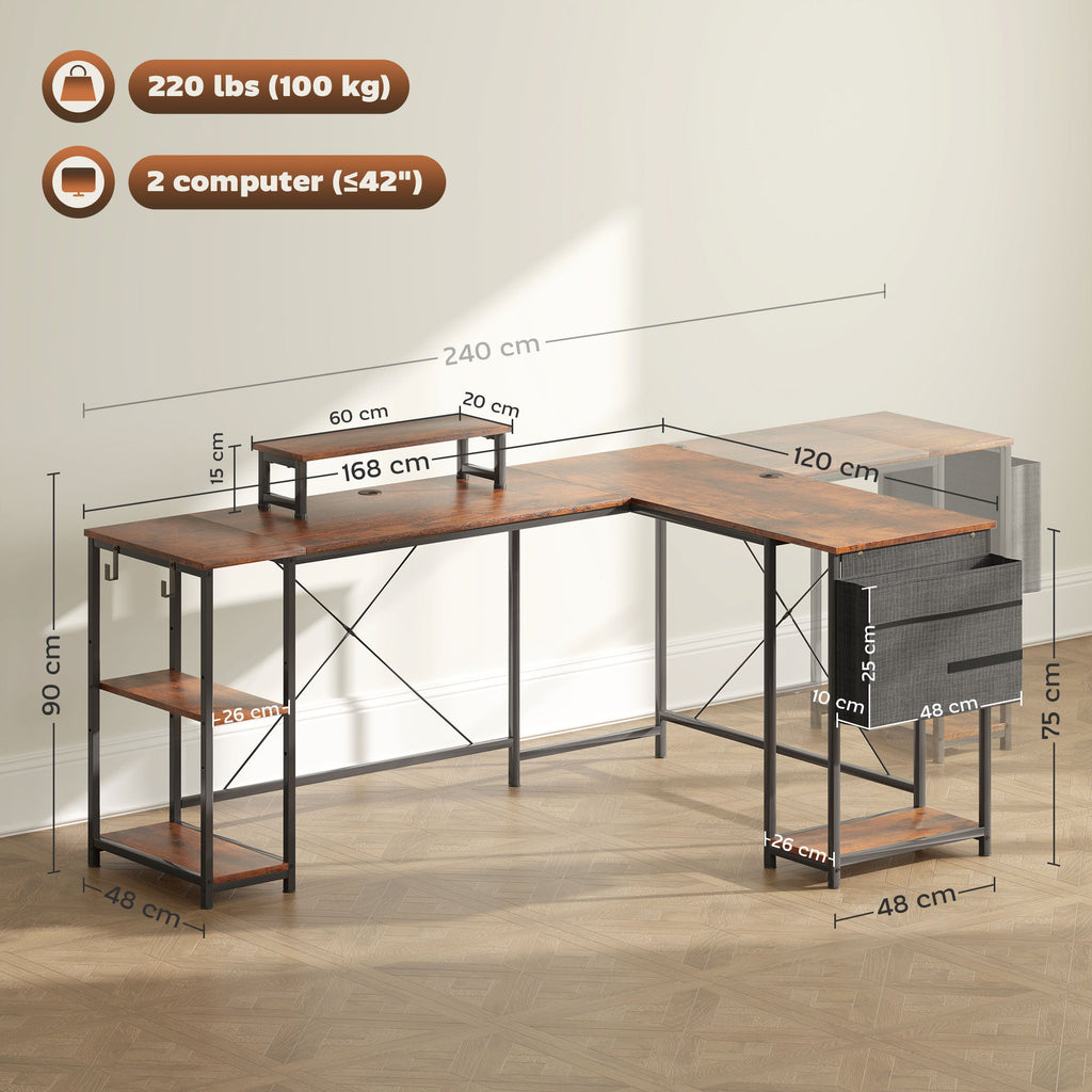 Rustic brown L-shaped desk with black metal frame, tier shelves, and size layout