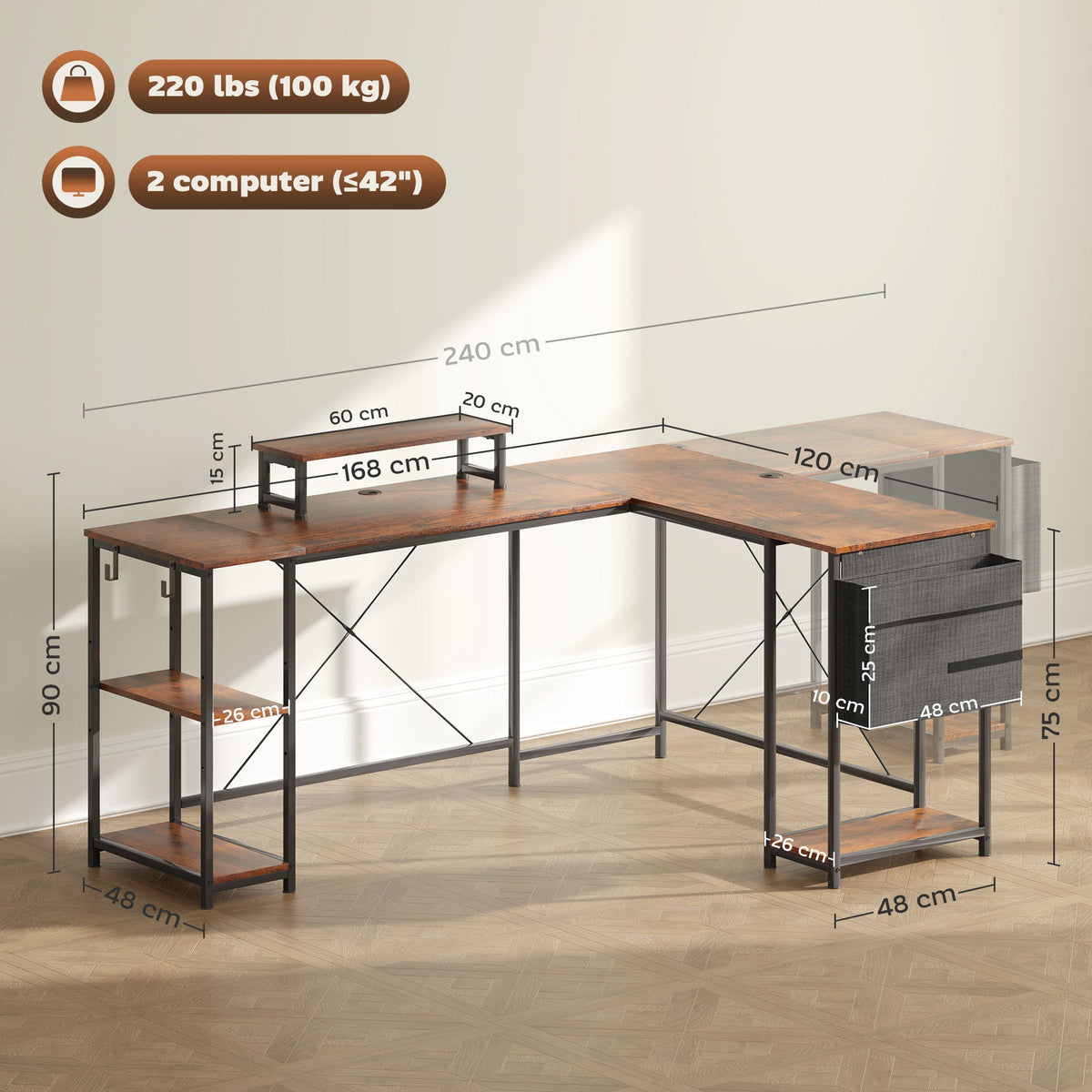 Rustic brown L-shaped desk with black metal frame, tier shelves, and size layout