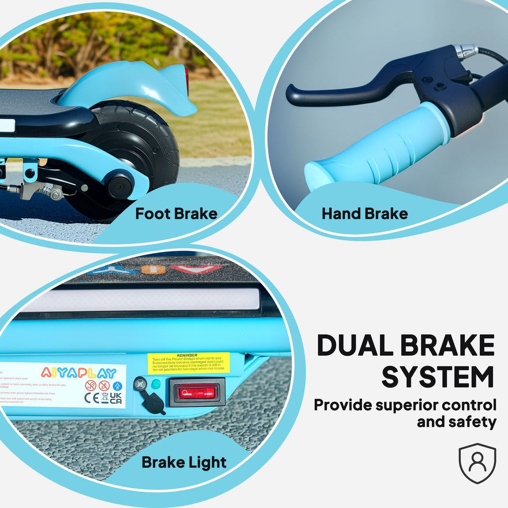 Kids electric scooter dual brake system with hand brake, foot brake, and brake light